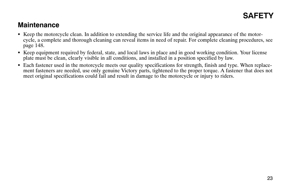 Safety, Maintenance | Polaris 2003 Victory Classic Cruiser User Manual | Page 25 / 180