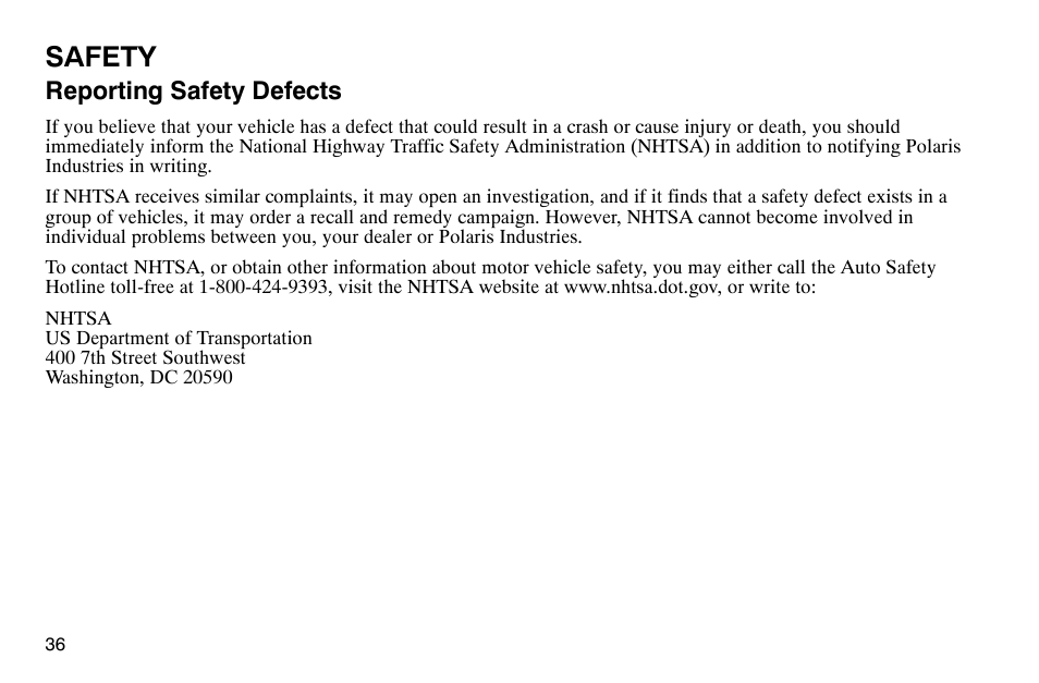 Safety, Reporting safety defects | Polaris 2003 Victory Classic Cruiser User Manual | Page 38 / 180