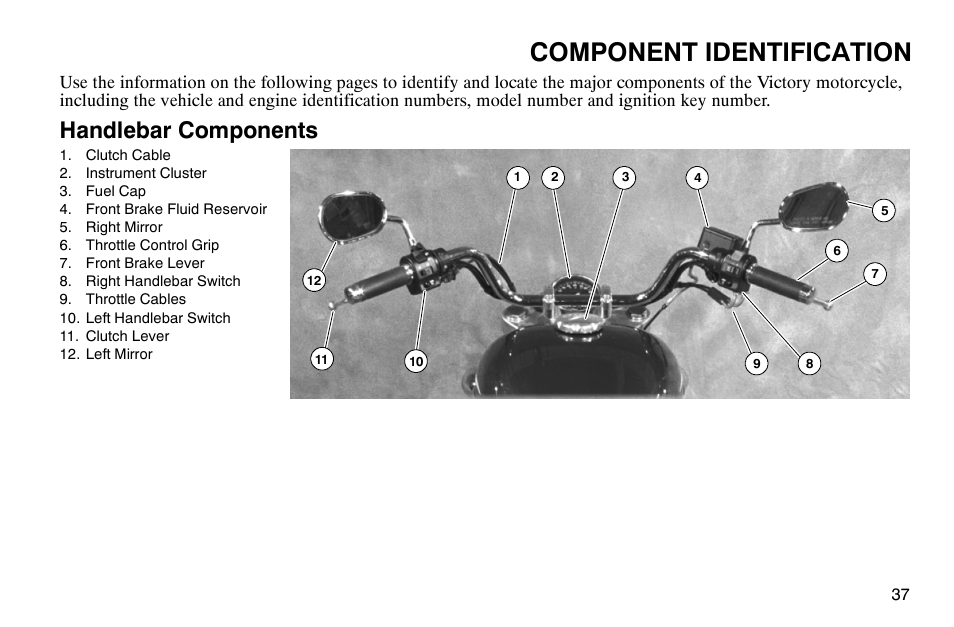 Component identification, Handlebar components | Polaris 2003 Victory Classic Cruiser User Manual | Page 39 / 180