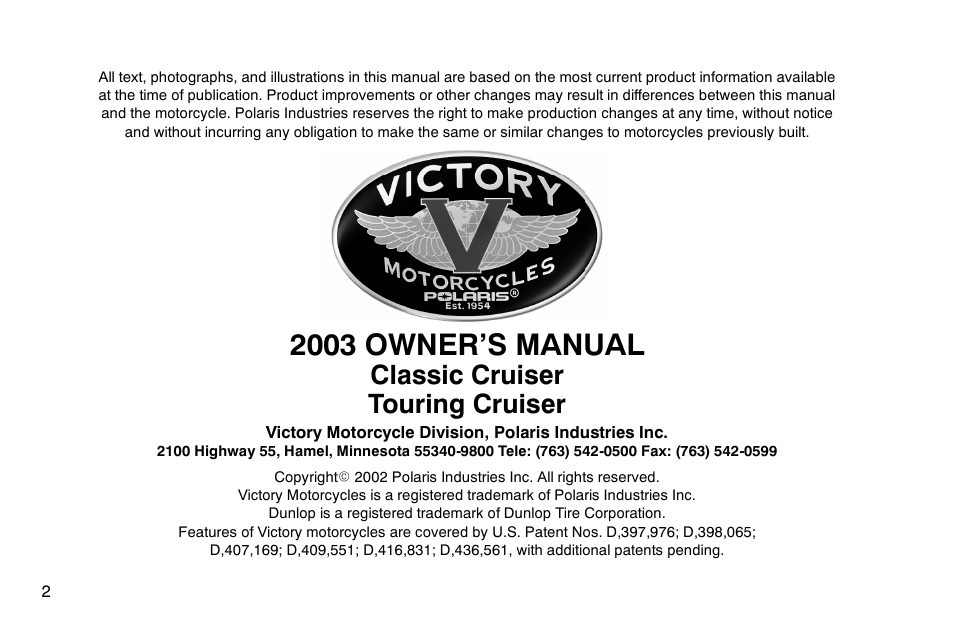 2003 owner’s manual, Classic cruiser touring cruiser | Polaris 2003 Victory Classic Cruiser User Manual | Page 4 / 180