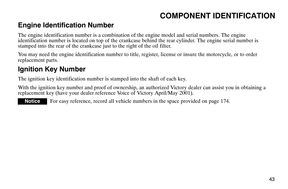 Component identification, Engine identification number, Ignition key number | Polaris 2003 Victory Classic Cruiser User Manual | Page 45 / 180