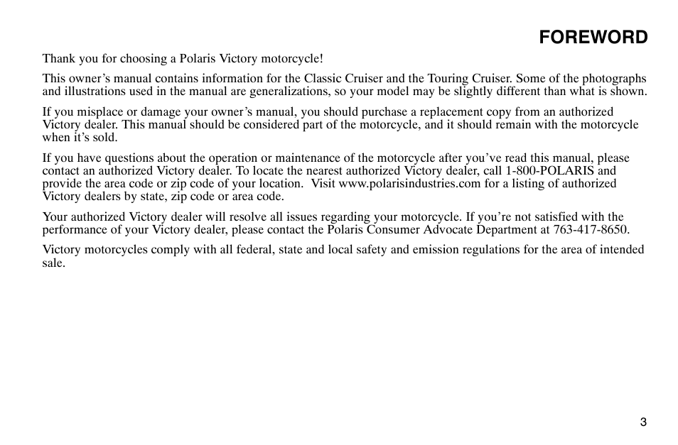 Foreword | Polaris 2003 Victory Classic Cruiser User Manual | Page 5 / 180