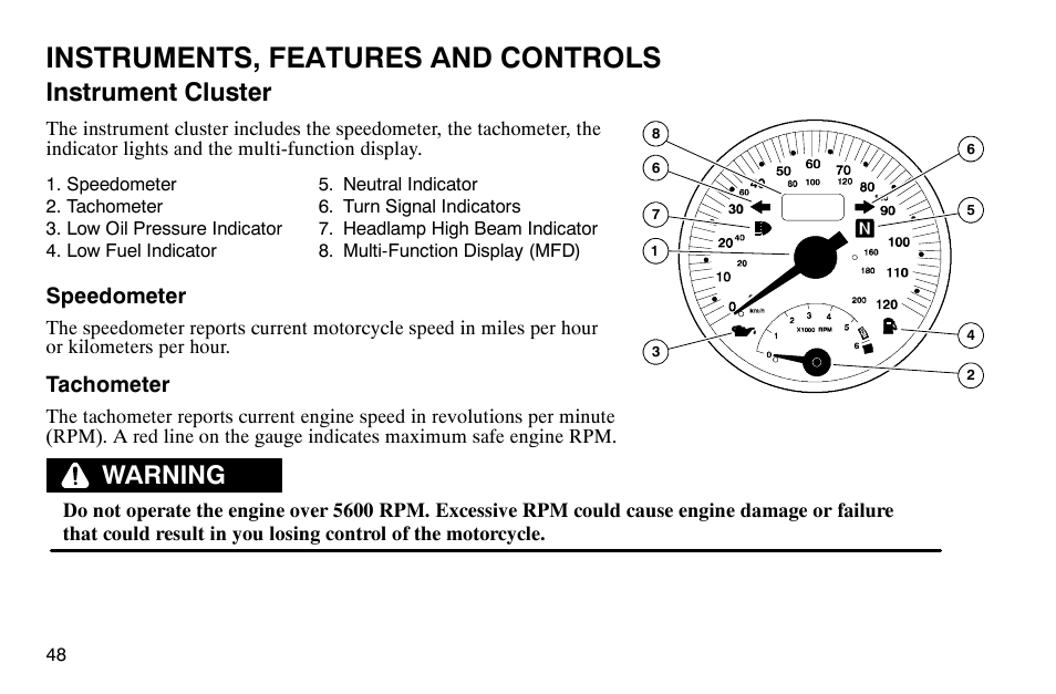 Instruments, features and controls, Instrument cluster, Warning | Polaris 2003 Victory Classic Cruiser User Manual | Page 50 / 180