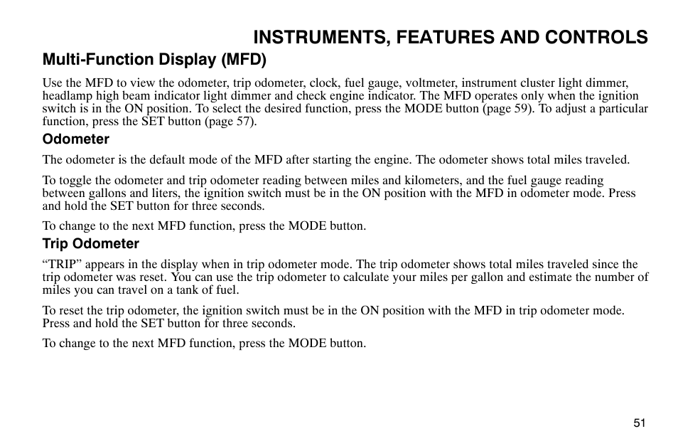 Instruments, features and controls, Multi-function display (mfd) | Polaris 2003 Victory Classic Cruiser User Manual | Page 53 / 180