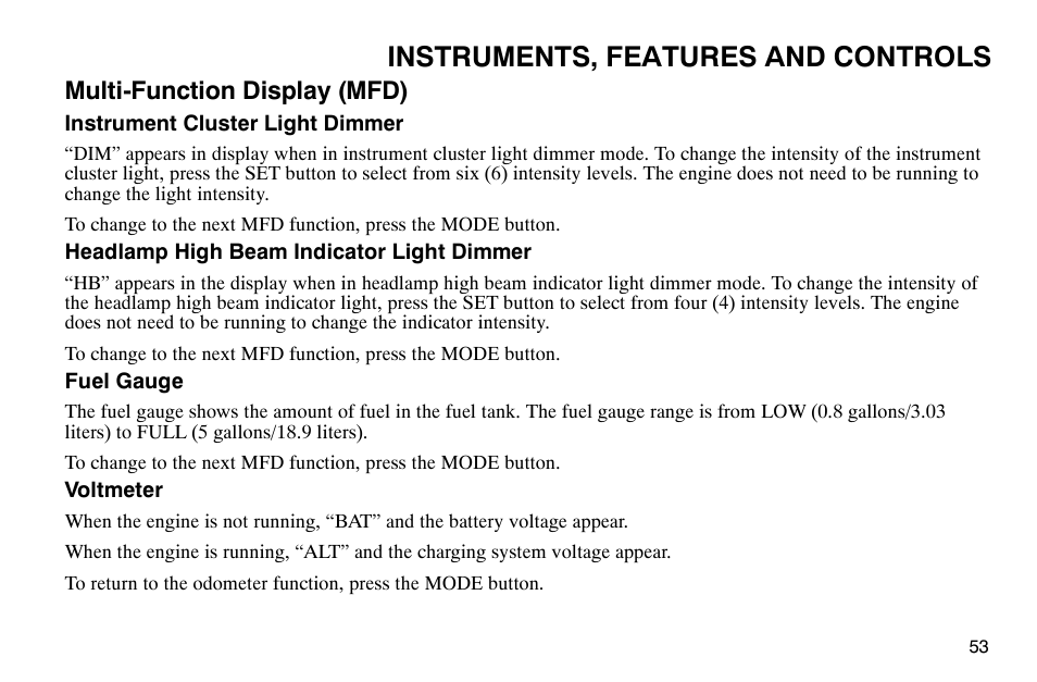 Instruments, features and controls, Multi-function display (mfd) | Polaris 2003 Victory Classic Cruiser User Manual | Page 55 / 180