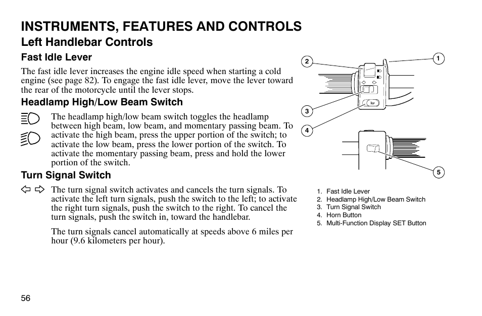 Instruments, features and controls, Left handlebar controls | Polaris 2003 Victory Classic Cruiser User Manual | Page 58 / 180