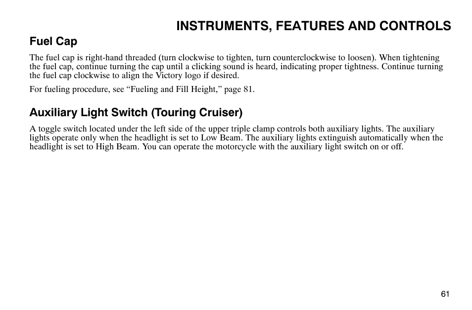 Instruments, features and controls | Polaris 2003 Victory Classic Cruiser User Manual | Page 63 / 180