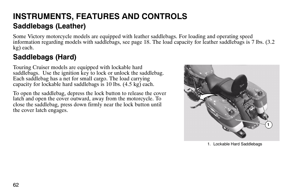 Instruments, features and controls, Saddlebags (leather), Saddlebags (hard) | Polaris 2003 Victory Classic Cruiser User Manual | Page 64 / 180