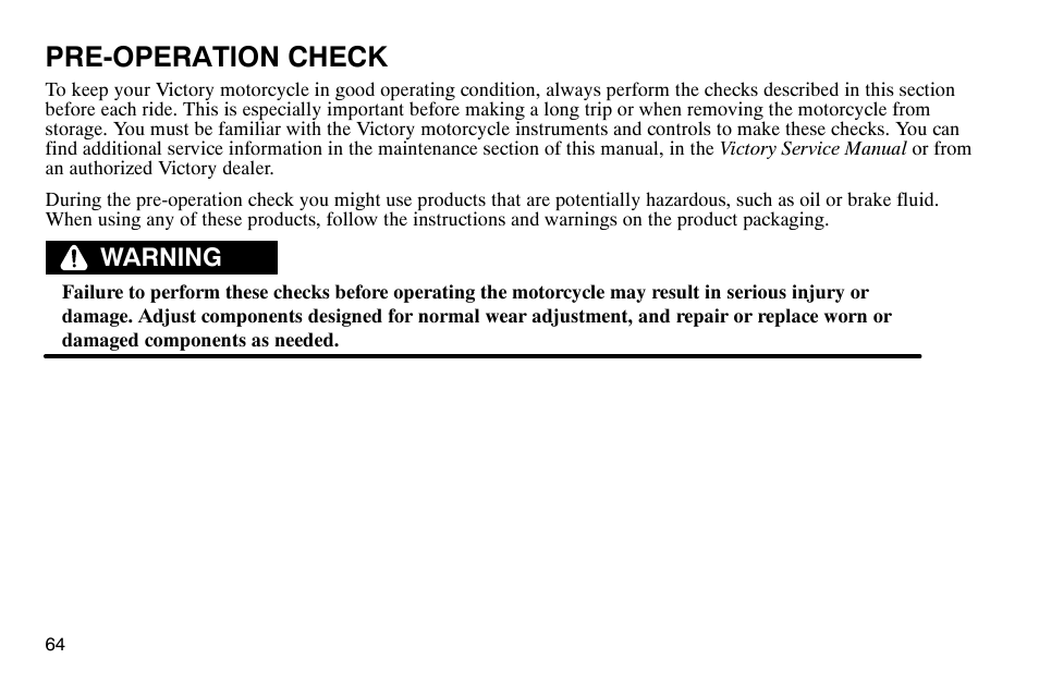 Pre-operation check, Warning | Polaris 2003 Victory Classic Cruiser User Manual | Page 66 / 180