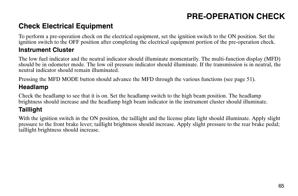 Pre-operation check, Check electrical equipment | Polaris 2003 Victory Classic Cruiser User Manual | Page 67 / 180