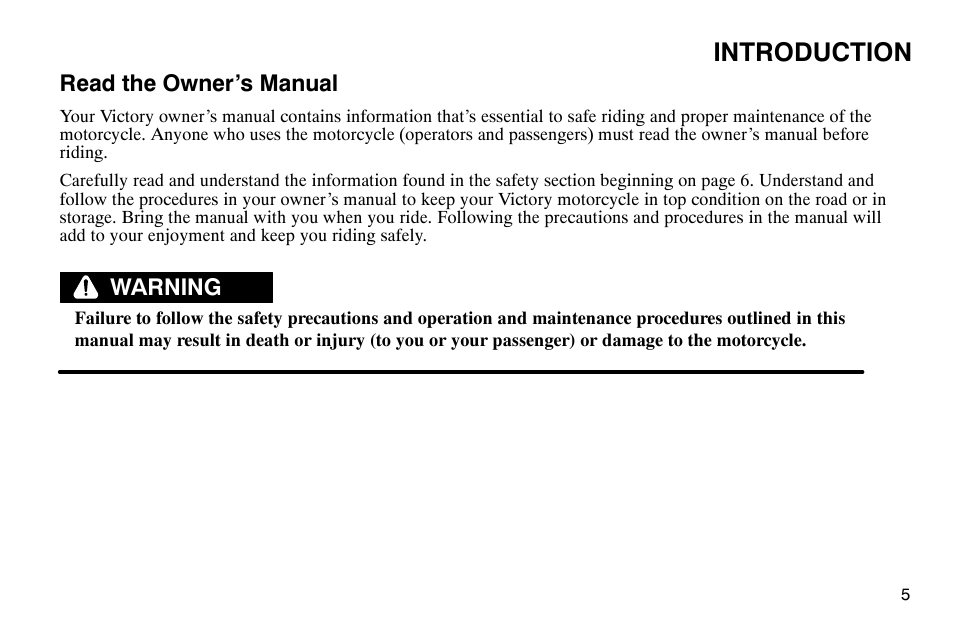 Introduction, Read the owner’s manual, Warning | Polaris 2003 Victory Classic Cruiser User Manual | Page 7 / 180