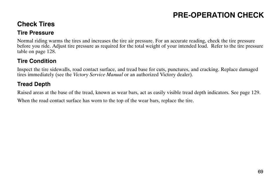 Pre-operation check, Check tires | Polaris 2003 Victory Classic Cruiser User Manual | Page 71 / 180