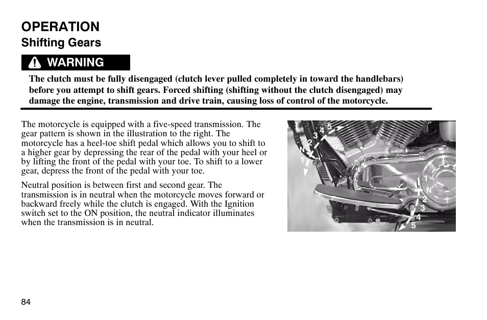 Operation, Shifting gears, Warning | Polaris 2003 Victory Classic Cruiser User Manual | Page 86 / 180