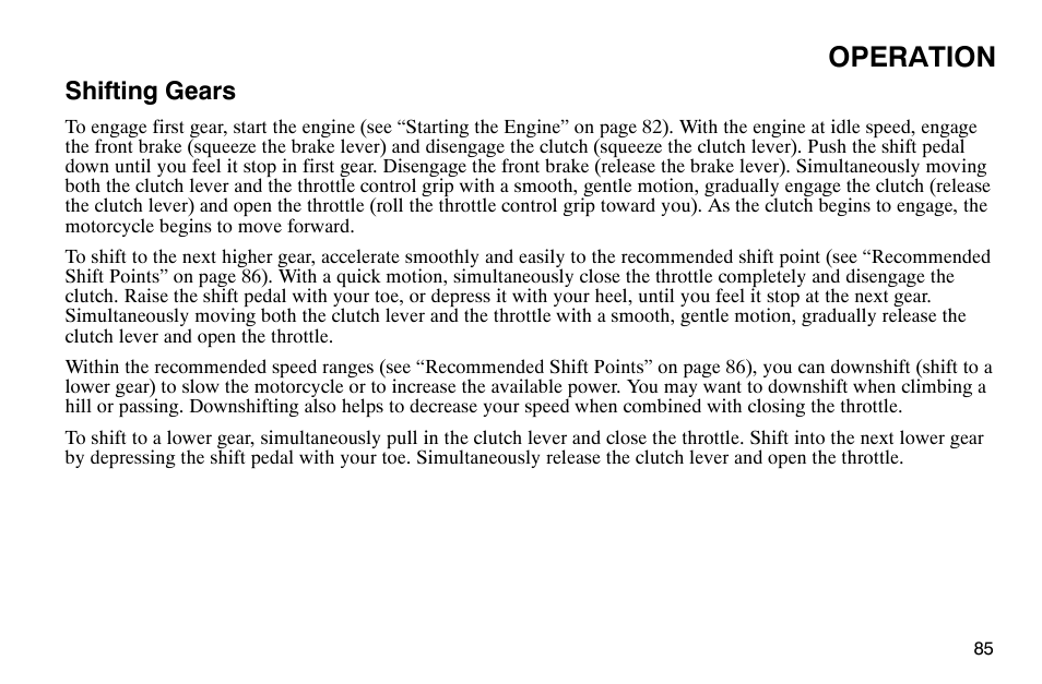 Operation, Shifting gears | Polaris 2003 Victory Classic Cruiser User Manual | Page 87 / 180