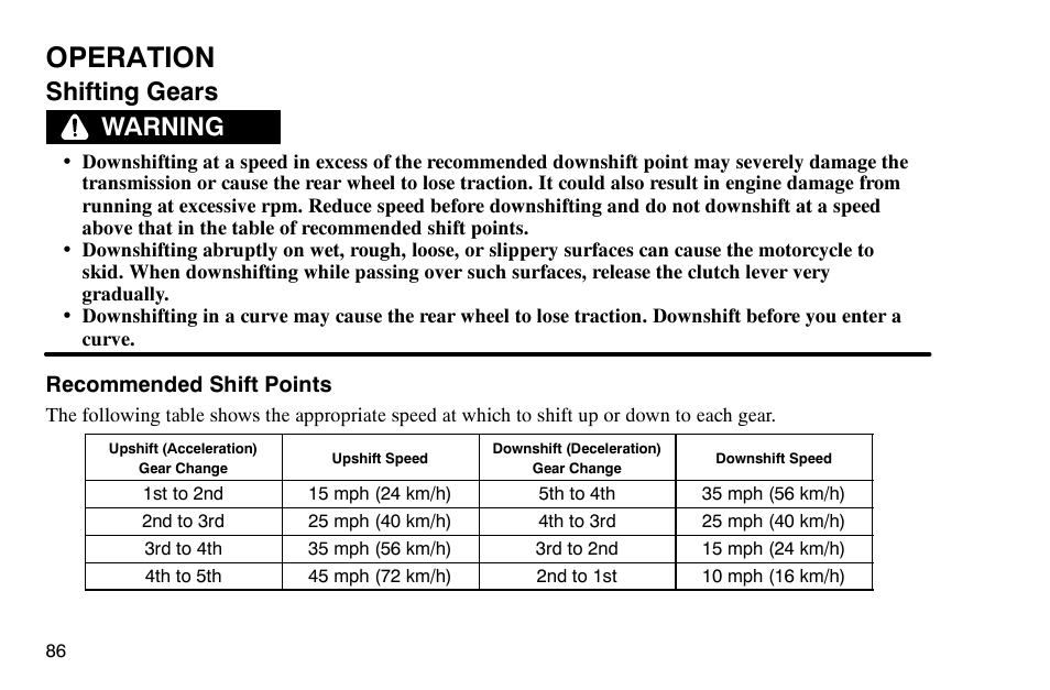 Operation, Shifting gears, Warning | Polaris 2003 Victory Classic Cruiser User Manual | Page 88 / 180