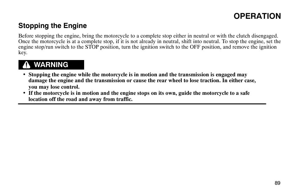 Operation, Stopping the engine, Warning | Polaris 2003 Victory Classic Cruiser User Manual | Page 91 / 180