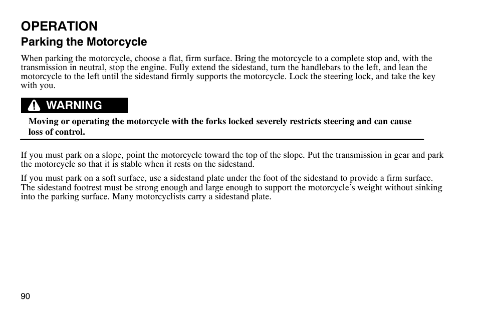 Operation, Parking the motorcycle, Warning | Polaris 2003 Victory Classic Cruiser User Manual | Page 92 / 180