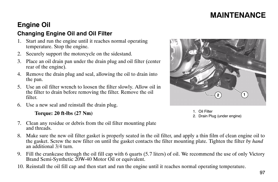 Maintenance, Engine oil | Polaris 2003 Victory Classic Cruiser User Manual | Page 99 / 180