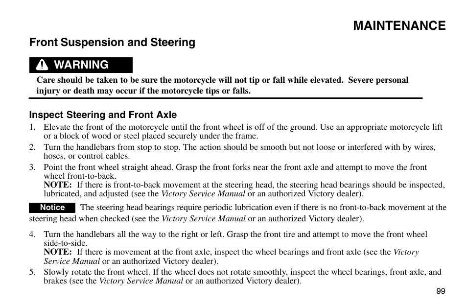 Maintenance, Front suspension and steering, Warning | Polaris 2003 Victory Vegas User Manual | Page 101 / 164