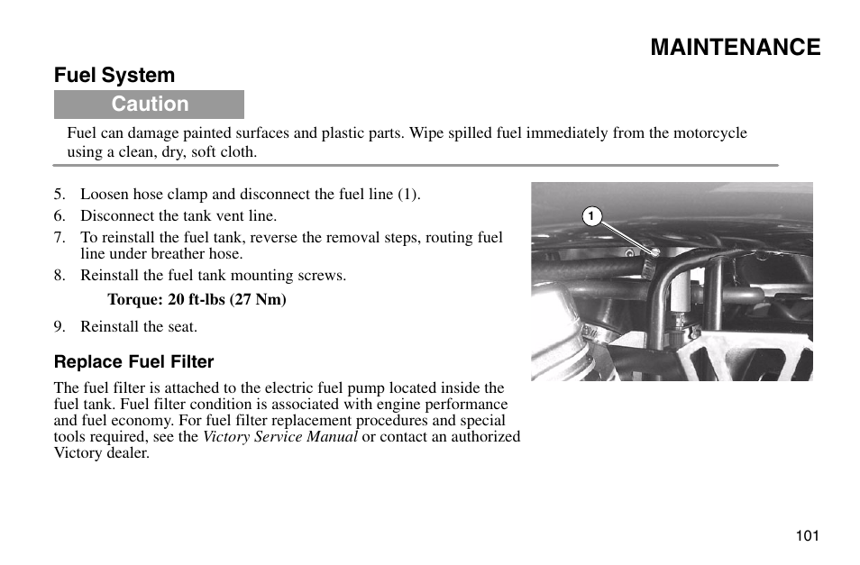 Maintenance, Fuel system, Caution | Polaris 2003 Victory Vegas User Manual | Page 103 / 164