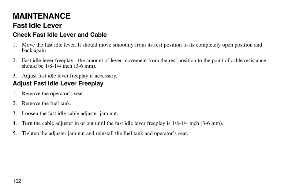 Maintenance, Fast idle lever | Polaris 2003 Victory Vegas User Manual | Page 104 / 164