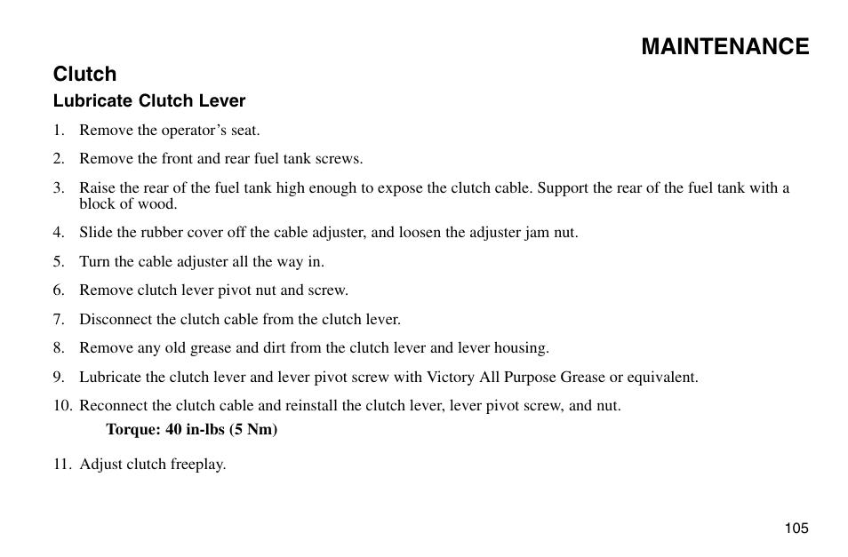 Maintenance, Clutch | Polaris 2003 Victory Vegas User Manual | Page 107 / 164