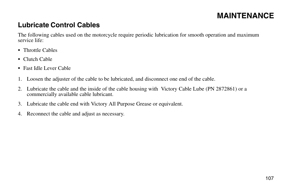 Maintenance, Lubricate control cables | Polaris 2003 Victory Vegas User Manual | Page 109 / 164