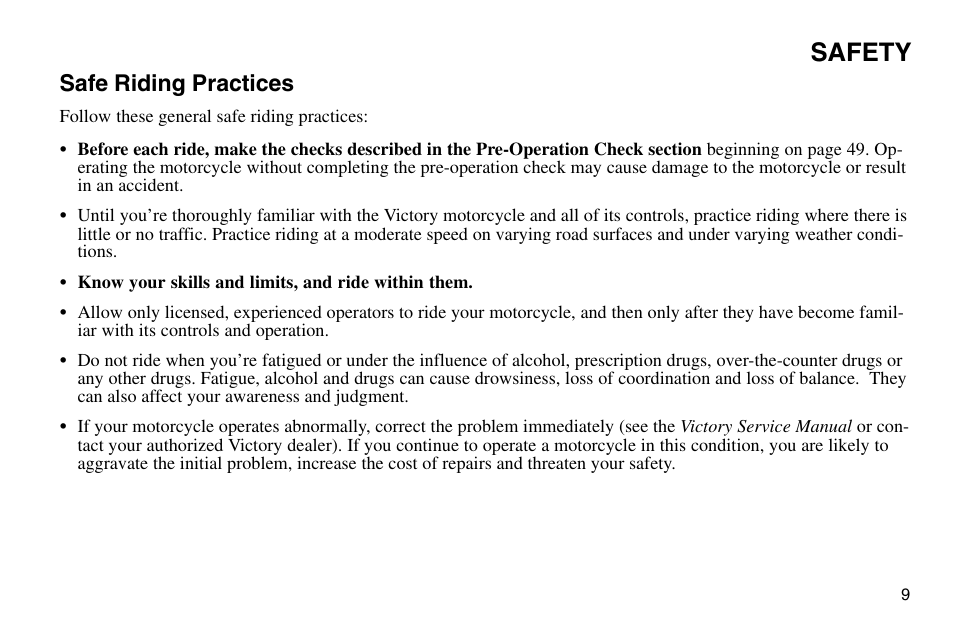 Safety, Safe riding practices | Polaris 2003 Victory Vegas User Manual | Page 11 / 164