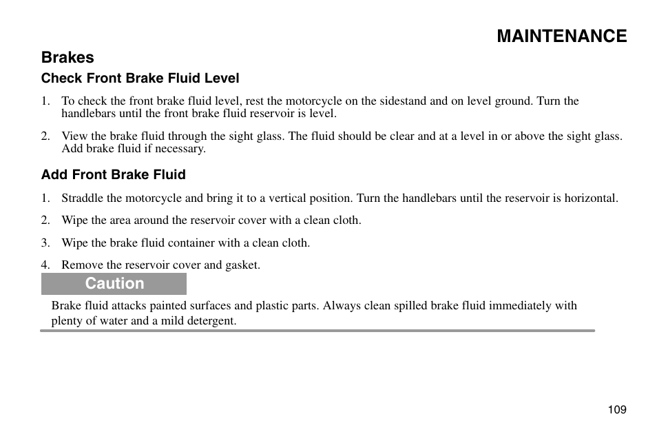Maintenance, Brakes, Caution | Polaris 2003 Victory Vegas User Manual | Page 111 / 164