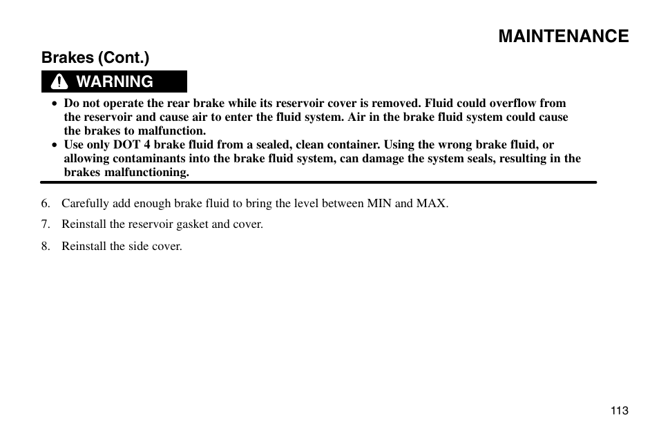 Maintenance, Brakes (cont.), Warning | Polaris 2003 Victory Vegas User Manual | Page 115 / 164