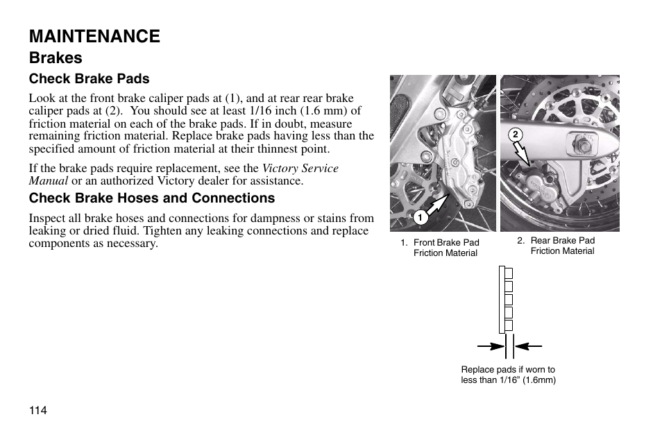 Maintenance, Brakes | Polaris 2003 Victory Vegas User Manual | Page 116 / 164