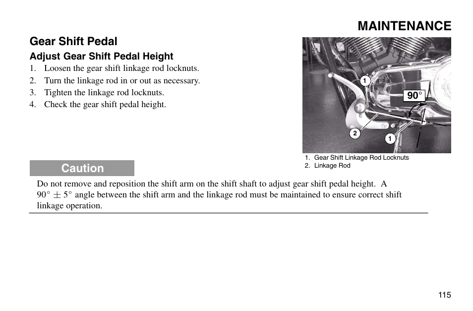 Maintenance, Gear shift pedal, Caution | Polaris 2003 Victory Vegas User Manual | Page 117 / 164