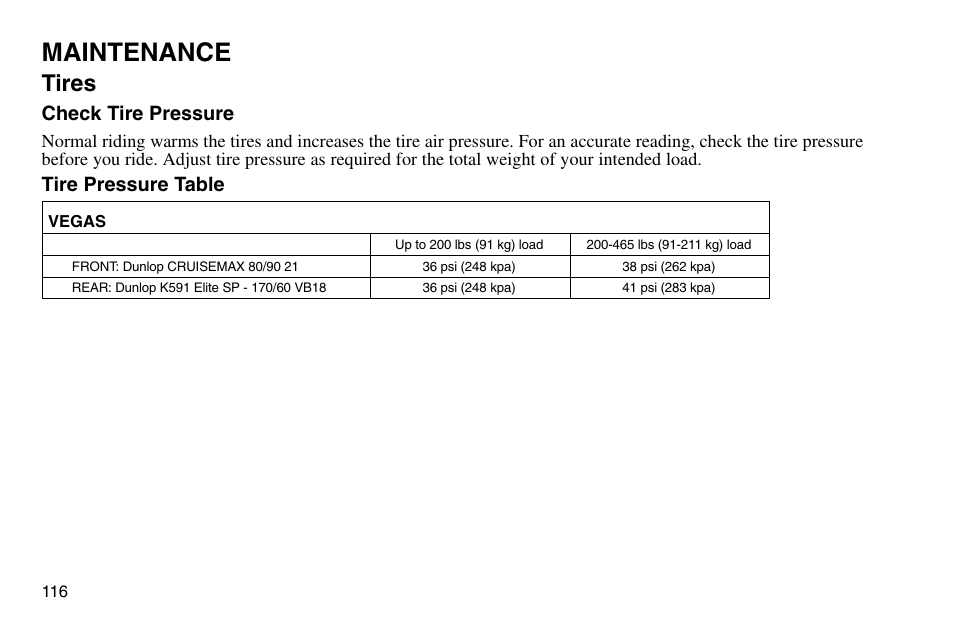 Maintenance, Tires, Check tire pressure | Tire pressure table | Polaris 2003 Victory Vegas User Manual | Page 118 / 164