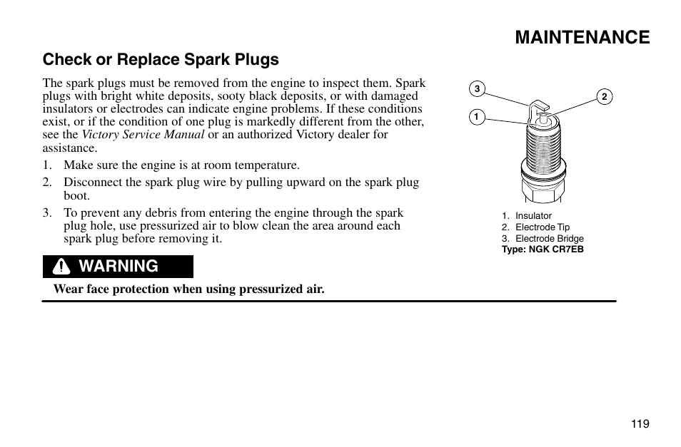 Maintenance, Check or replace spark plugs, Warning | Polaris 2003 Victory Vegas User Manual | Page 121 / 164