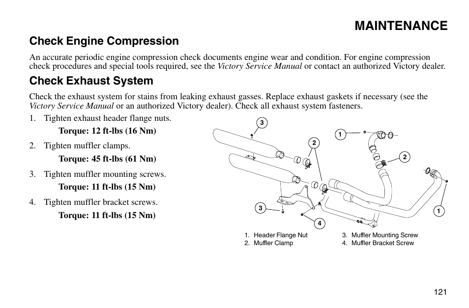 Maintenance, Check engine compression, Check exhaust system | Polaris 2003 Victory Vegas User Manual | Page 123 / 164