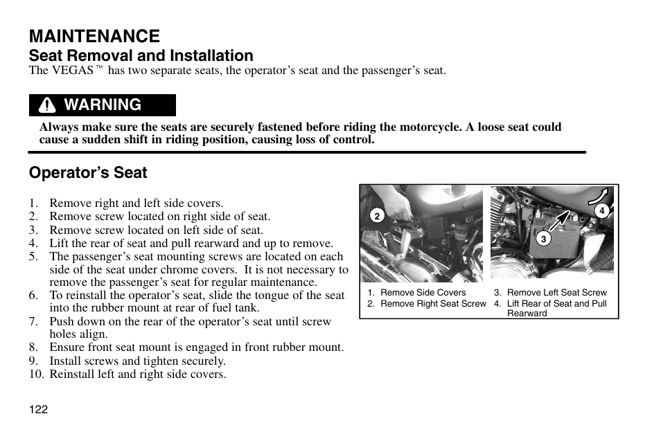 Maintenance, Seat removal and installation, Warning operator’s seat | Polaris 2003 Victory Vegas User Manual | Page 124 / 164