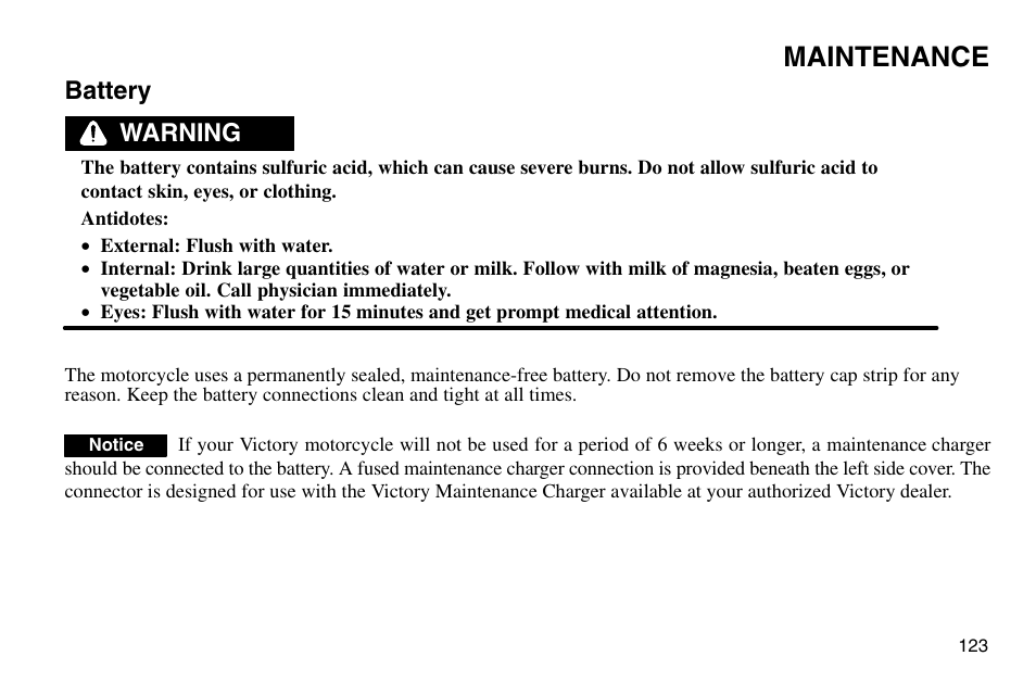 Maintenance, Battery, Warning | Polaris 2003 Victory Vegas User Manual | Page 125 / 164