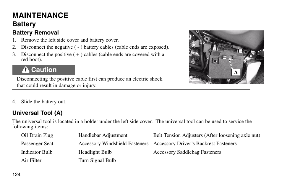 Maintenance, Battery, Caution | Polaris 2003 Victory Vegas User Manual | Page 126 / 164