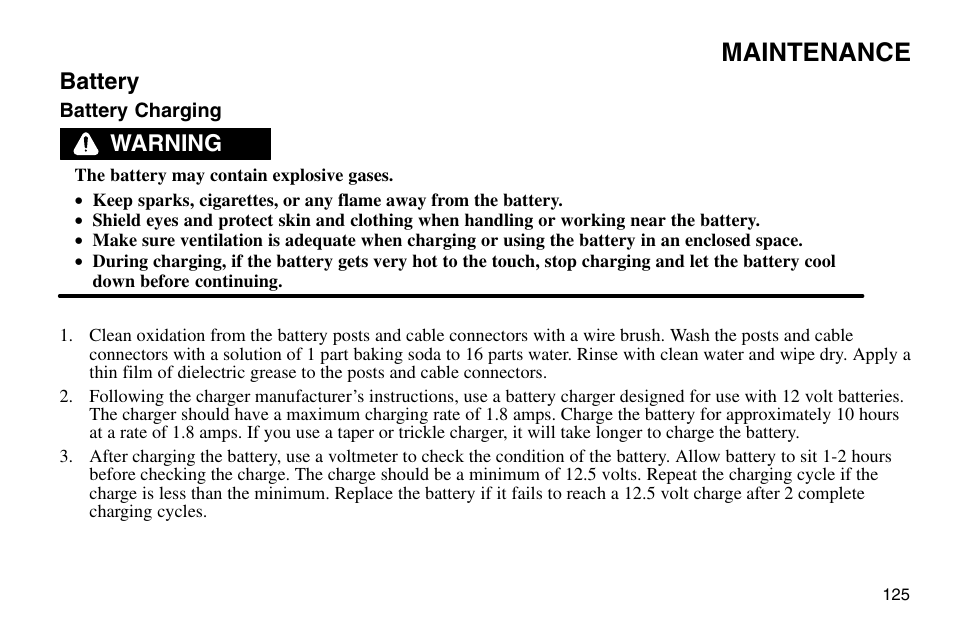 Maintenance, Battery, Warning | Polaris 2003 Victory Vegas User Manual | Page 127 / 164