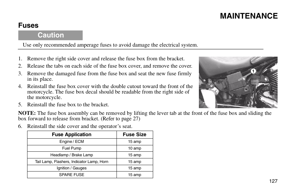 Maintenance, Fuses, Caution | Polaris 2003 Victory Vegas User Manual | Page 129 / 164