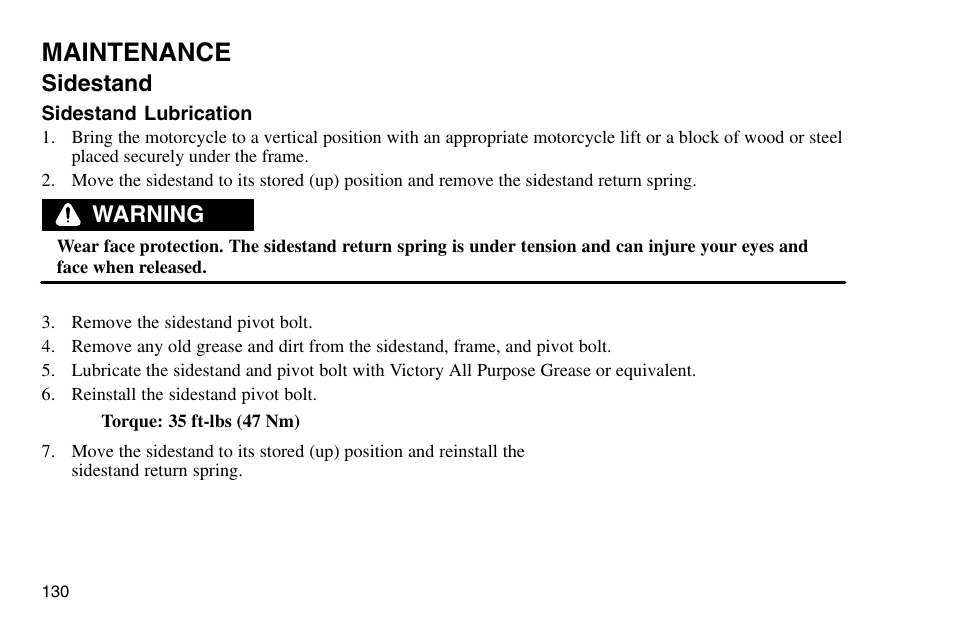 Maintenance, Sidestand, Warning | Polaris 2003 Victory Vegas User Manual | Page 132 / 164