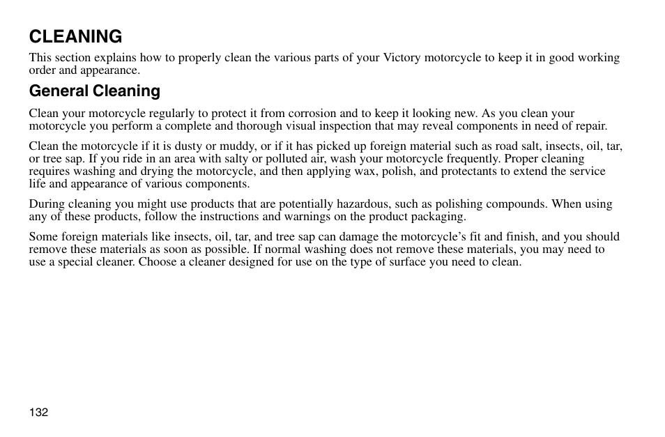 Cleaning, General cleaning | Polaris 2003 Victory Vegas User Manual | Page 134 / 164