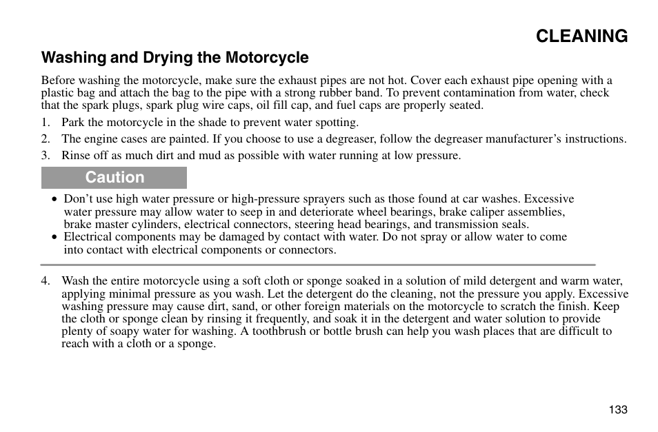Cleaning, Washing and drying the motorcycle, Caution | Polaris 2003 Victory Vegas User Manual | Page 135 / 164