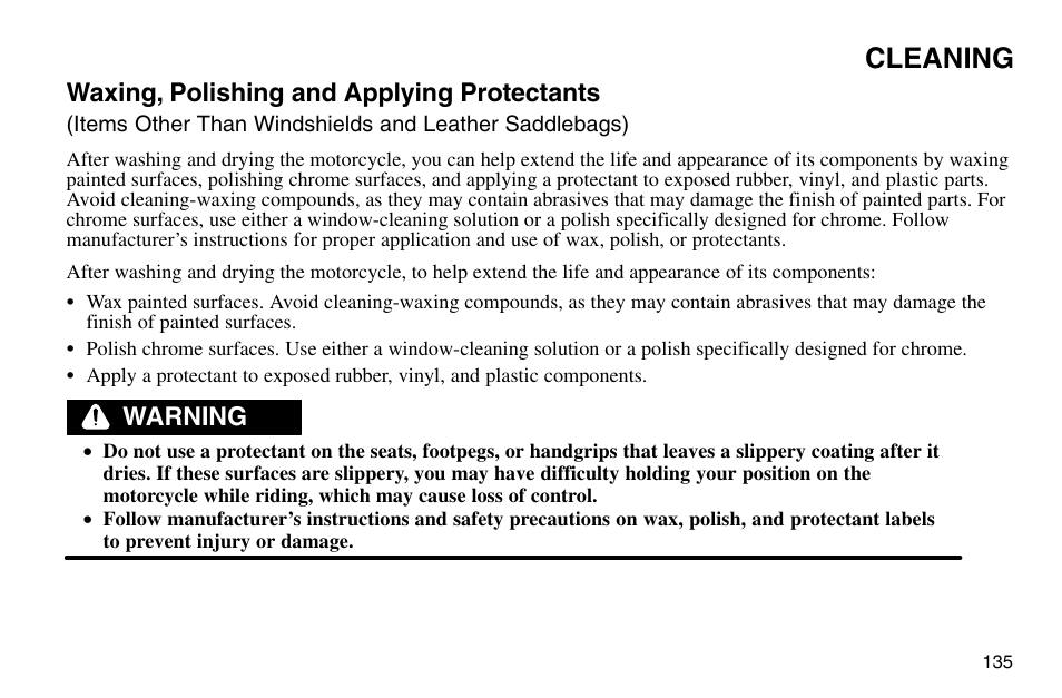 Cleaning, Waxing, polishing and applying protectants, Warning | Polaris 2003 Victory Vegas User Manual | Page 137 / 164