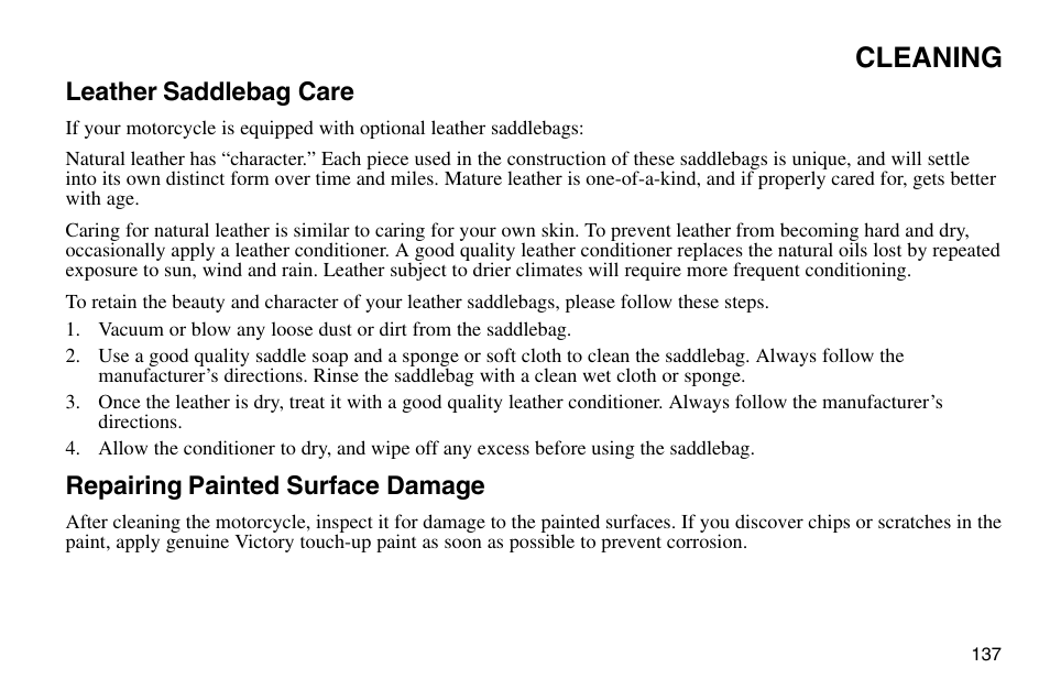 Cleaning, Leather saddlebag care, Repairing painted surface damage | Polaris 2003 Victory Vegas User Manual | Page 139 / 164