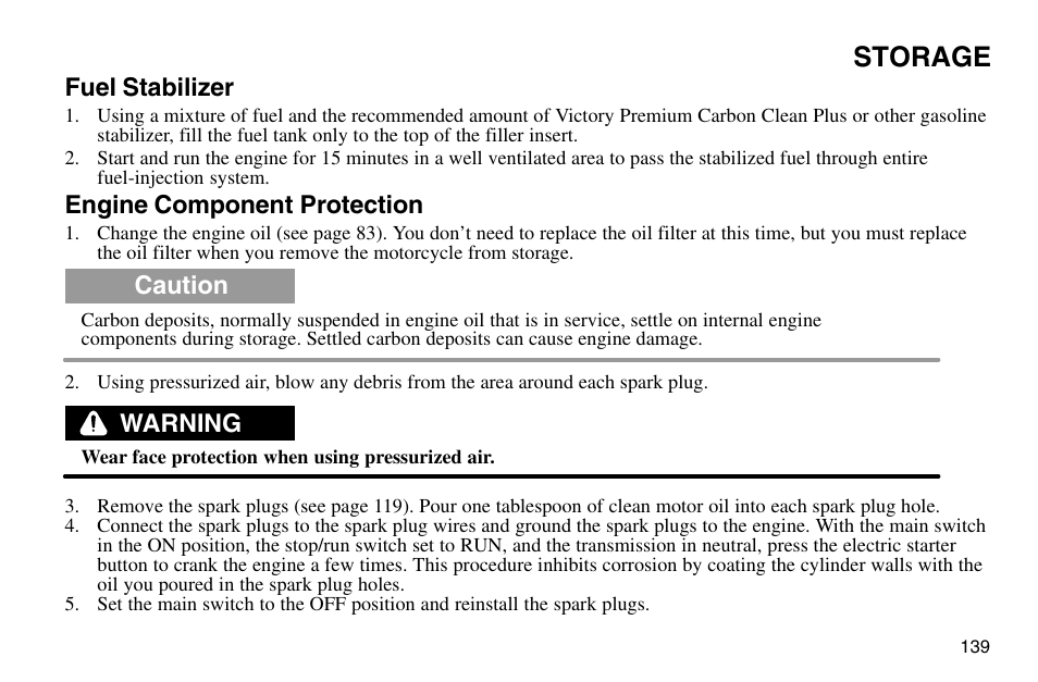 Storage, Fuel stabilizer, Engine component protection | Caution, Warning | Polaris 2003 Victory Vegas User Manual | Page 141 / 164