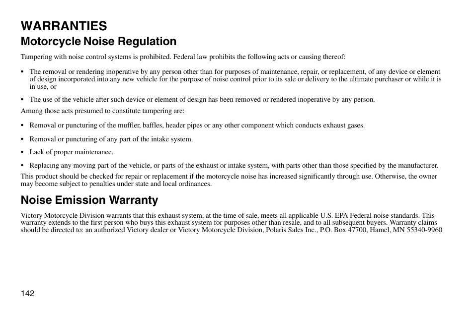 Warranties, Motorcycle noise regulation, Noise emission warranty | Polaris 2003 Victory Vegas User Manual | Page 144 / 164