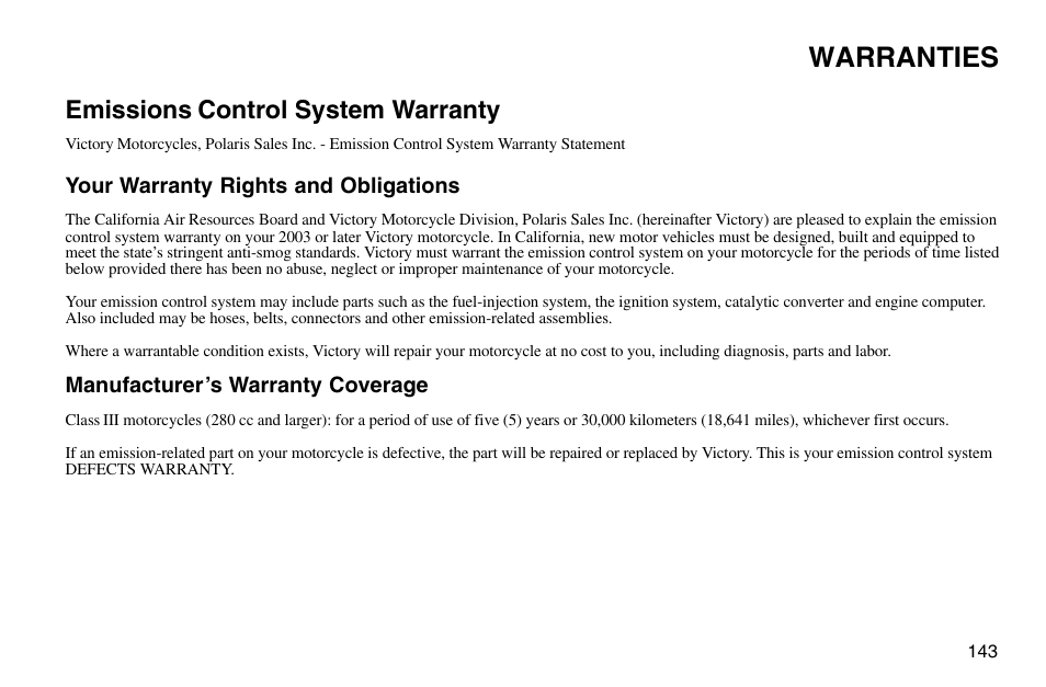 Warranties, Emissions control system warranty | Polaris 2003 Victory Vegas User Manual | Page 145 / 164