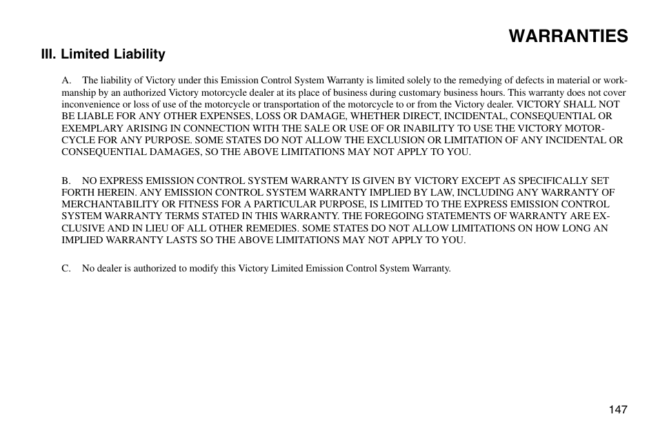 Warranties | Polaris 2003 Victory Vegas User Manual | Page 149 / 164