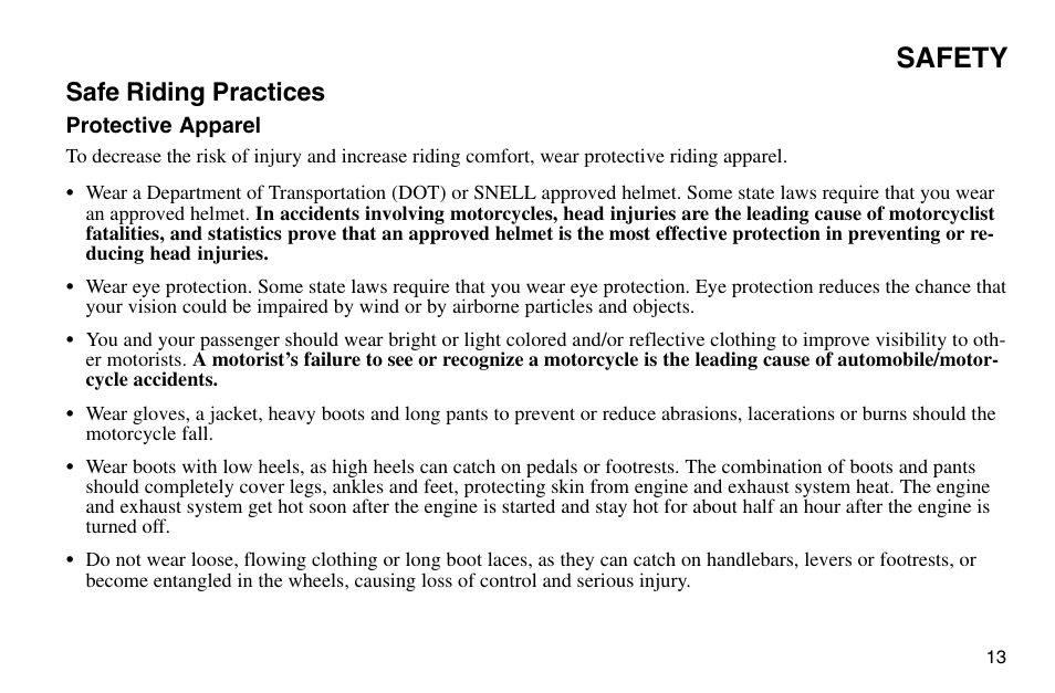 Safety, Safe riding practices | Polaris 2003 Victory Vegas User Manual | Page 15 / 164